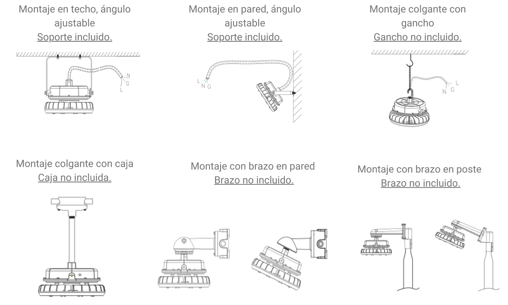 La luminaria LED UFO a prueba de explosión de 150 Watts se puede instalar en techo, en pared, suspendida del techo o en poste
