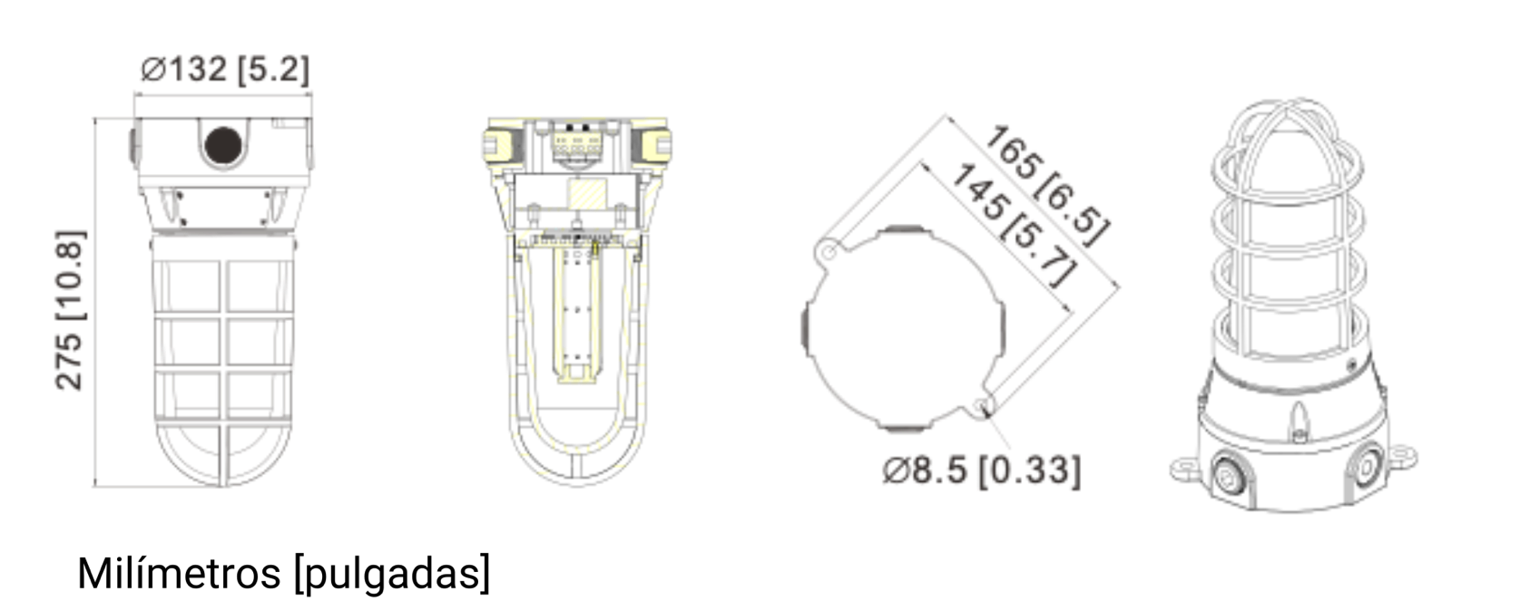 La lampara led a prueba de explosión tiene un diámetro de 132mm, una longitud total de 275mm y un peso de 3.5 Kg.