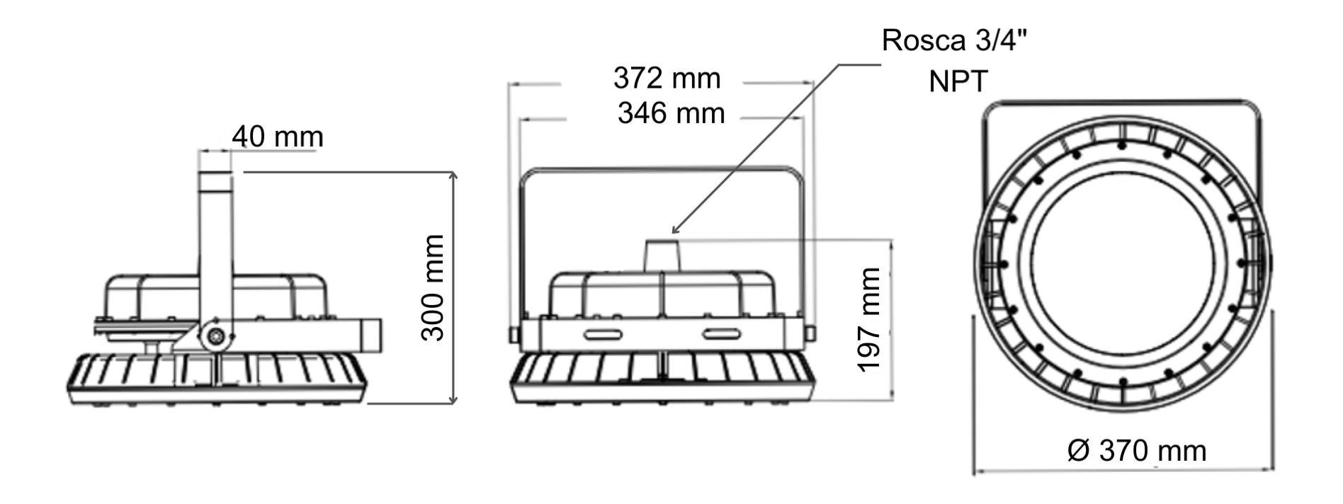 Las dimensiones de la luminaria LED UFO a prueba de explosión de 200 Watts son de un diámetro de 370mm y largo de 300mm